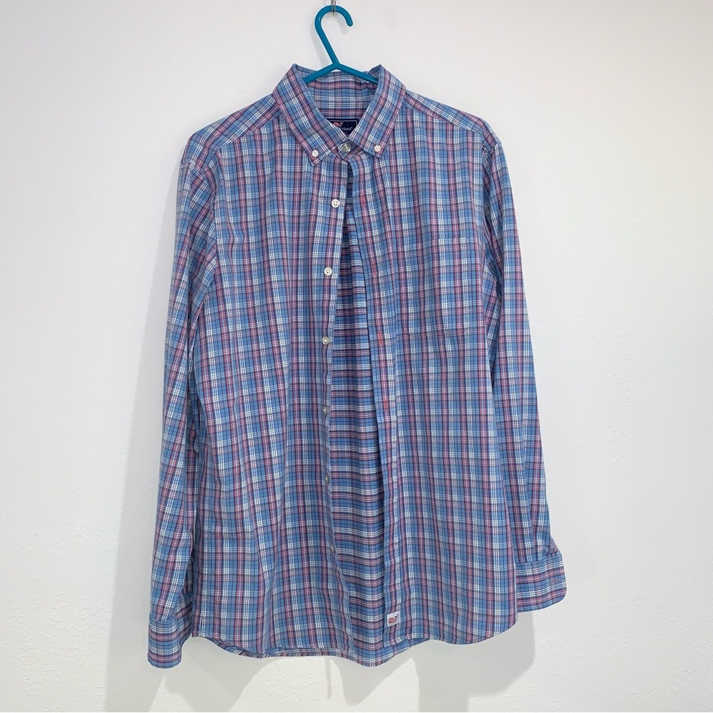 Vineyard vines blue pink plaid check shirt‎ size medium in good condition…